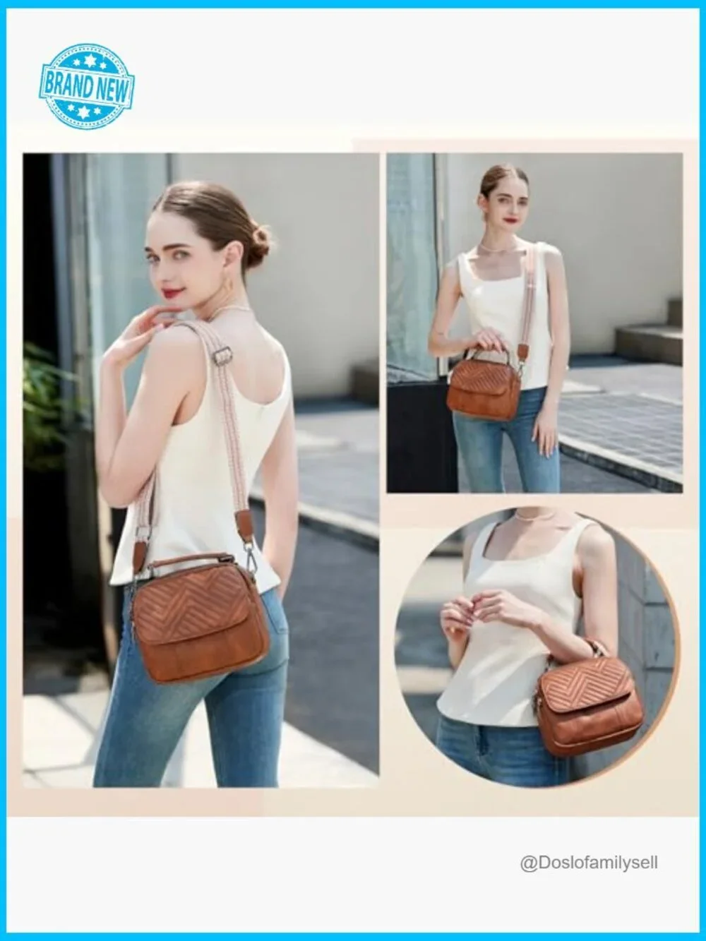 Quilted Vegan Leather Crossbody Bag with Wide Strap and Top Handle